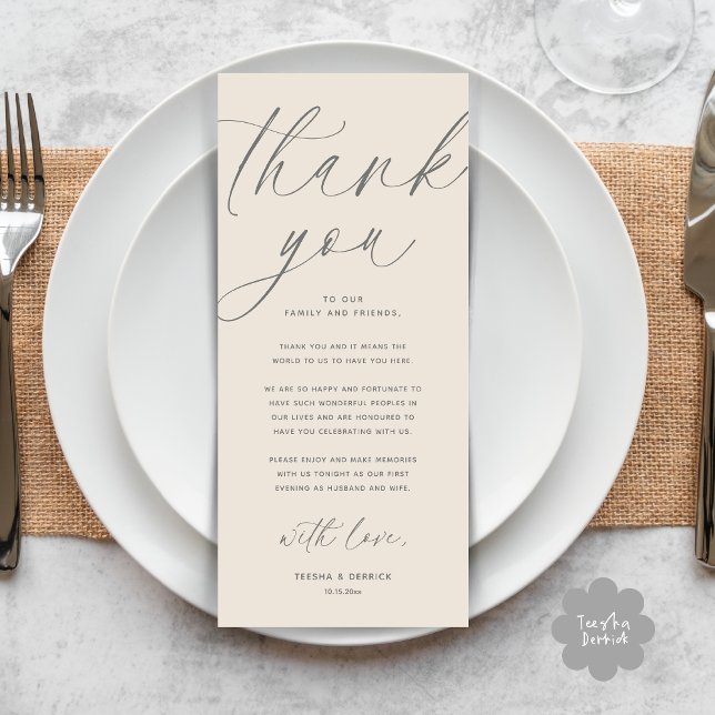 Dîner Mariage moderne Cadre Carte de remerciements (Wedding Dinner Place Setting Thank You Card Modern Romantic Contemporary Classy Cream Grey)