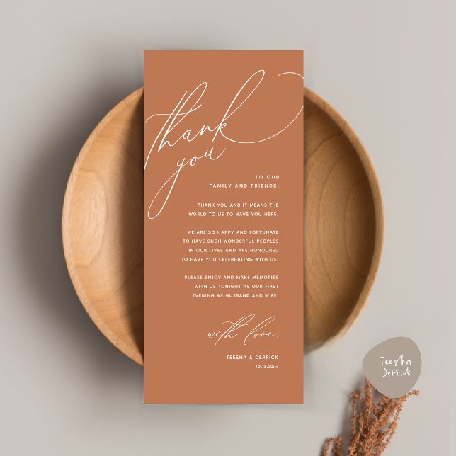 Dîner Mariage moderne Cadre Carte de remerciements (Modern Wedding Dinner Place Setting Thank You Card, Romantic Plate Decor, in Copper Brown Terracotta)