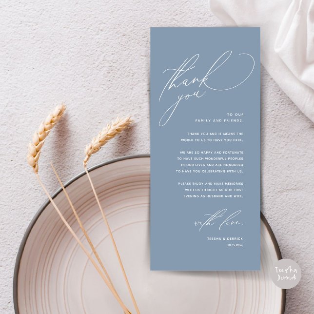 Dîner Mariage moderne Cadre Carte de remerciements (Modern Wedding Dinner Place Setting Thank You Card, Romantic Plate Decor, in Dusty Blue)
