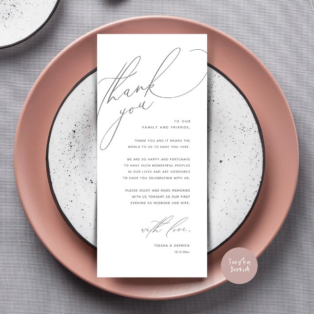 Dîner Mariage moderne Cadre Carte de remerciements (Modern Wedding Dinner Place Setting Thank You Card, Romantic Plate Decor, in Dark Grey)