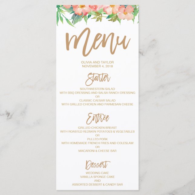 Dîner Mariage vert & floral rose & or Menu (Devant)