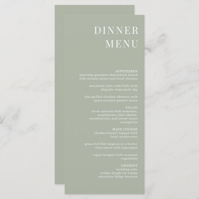 Dîner minimaliste moderne Sage Green Menu (Devant / Derrière)