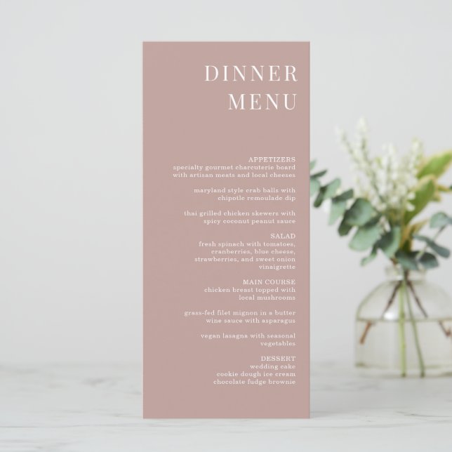 Dîner minimaliste Rose moderne Dusty Menu (Debout devant)