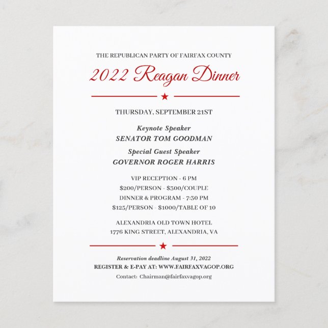 Dîner Reagan 2022 Invitation de collecte de fonds  (Devant)