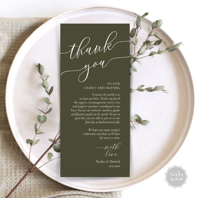 Dîner Romain Moderne Cadre Carte de remerciements (Wedding Dinner Place Setting Thank You Card, Modern Romance Design, in Olive Green)