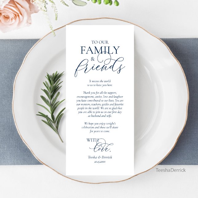Dîner Romantique Cadre Carte de remerciements (Wedding Place Setting Thank You Card, Romantic Script, Navy Blue.)