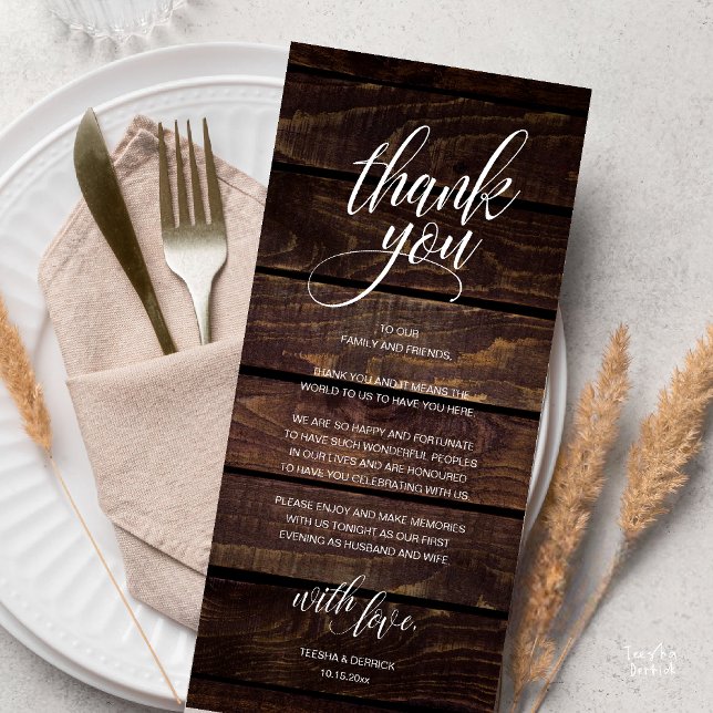 Dîner Rustique de répétition Mariage Carte de reme (Modern Rustic Wedding Reception Dinner Lunch Brunch Thank You Card Dark Wood)