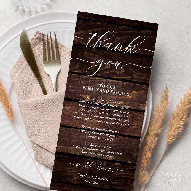 Dîner Rustique Mariage Cadre Carte de remerciement (Rustic Wedding Dinner Place Setting Thank You Card Reception in Cottage Brown Wood)
