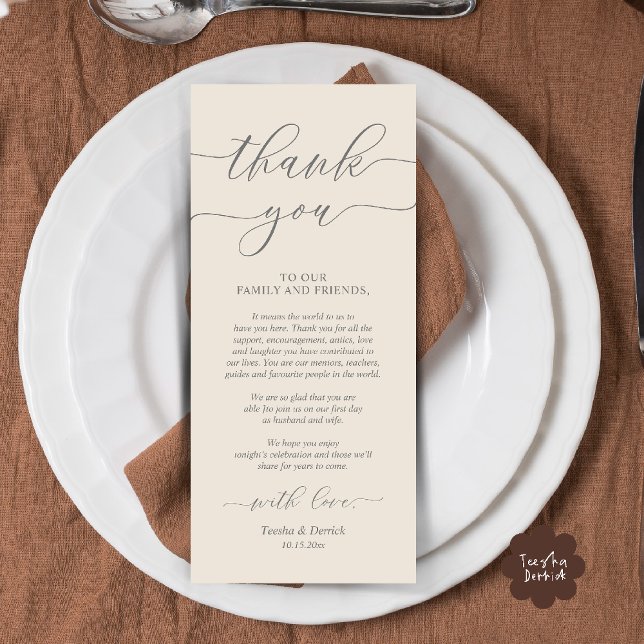 Dîner Rustique Mariage Cadre Carte de remerciement (Rustic Wedding Dinner Place Setting Thank You Card Reception in Cream Grey)
