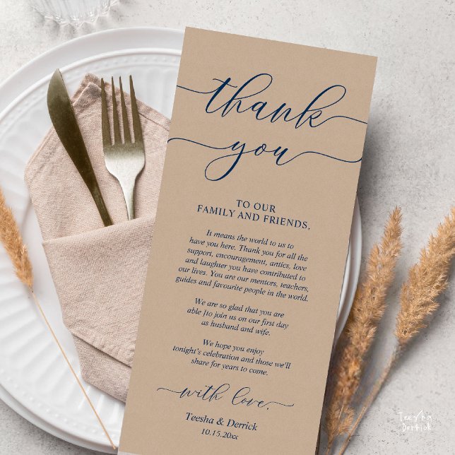 Dîner Rustique Mariage Cadre Carte de remerciement (Rustic Wedding Dinner Place Setting Thank You Card Reception in Navy Blue Script Brown Kraft)