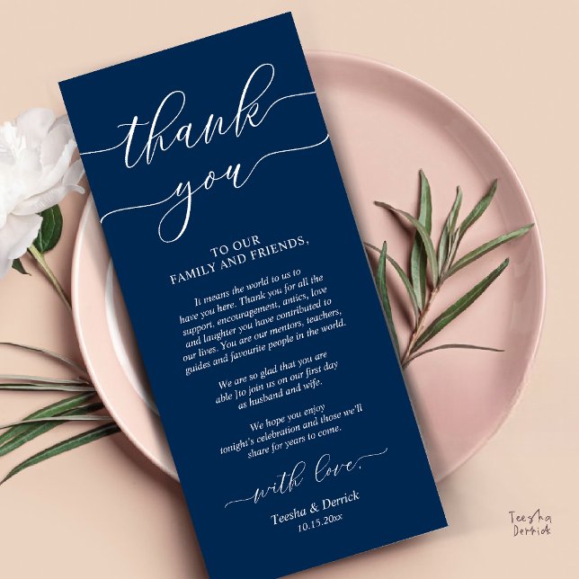 Dîner Rustique Mariage Cadre Carte de remerciement (Rustic Wedding Dinner Place Setting Thank You Card Reception in Navy Blue Script )