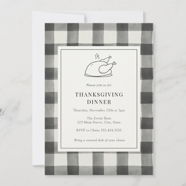 Dîner Thanksgiving Buffalo noir Plaid Invitation (Devant)