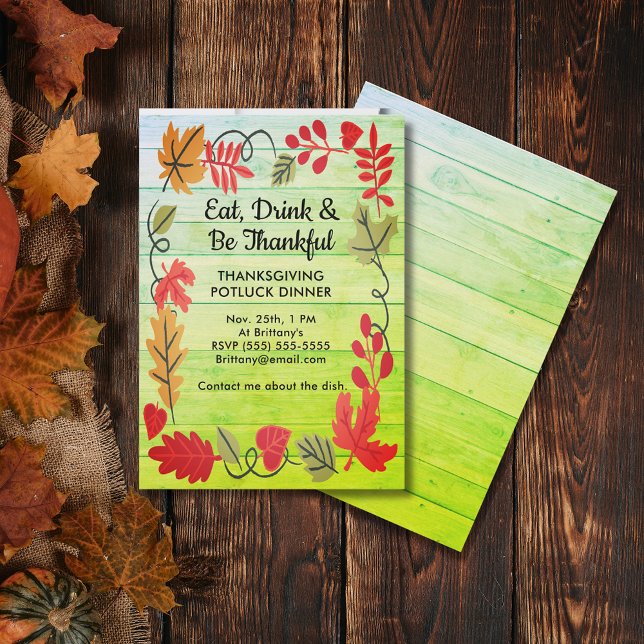 Dîner Thanksgiving Potluck LT Green Wood Invitatio (Thanksgiving Potluck Dinner LT Green Wood Invite)
