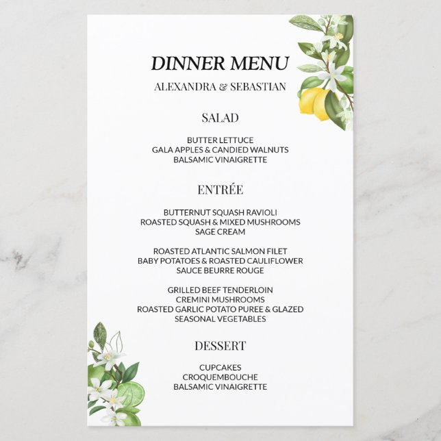 Dîner vert Lemony Menu Mariage (Devant)