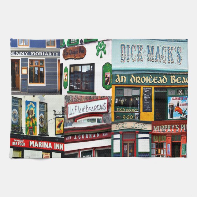 Dingle Pubs, Collage, Irlande, serviette de thé (Horizontal)