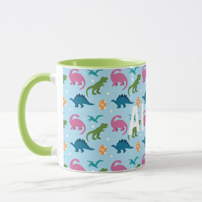 Dino Fun Kids Rose Orange Vert Bleu Nom Mug (Gauche)