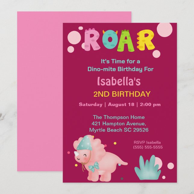 Dino Girls 2nd Birthday Party Invitation (Devant / Derrière)