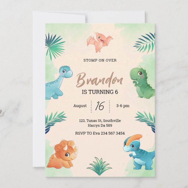 Dino Party | Cute Dinosaures Invitation Anniversai (Devant)