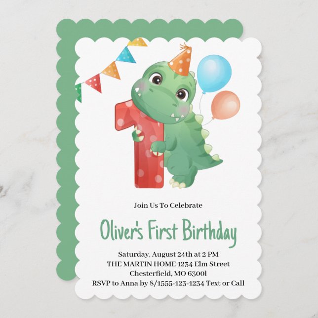 Dinosaur 1er Anniversaire Fête Invitation (Devant / Derrière)