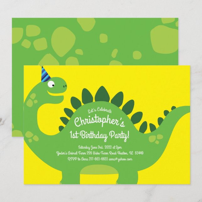 Dinosaur 1er anniversaire mignonne Invitations (Devant / Derrière)