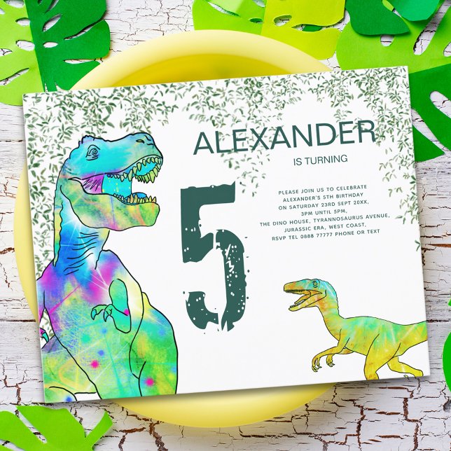 Dinosaur 5e anniversaire fête Budget Invitation (T-Rex and velociraptor dinosaur jungle 5th birthday party green budget invitation )