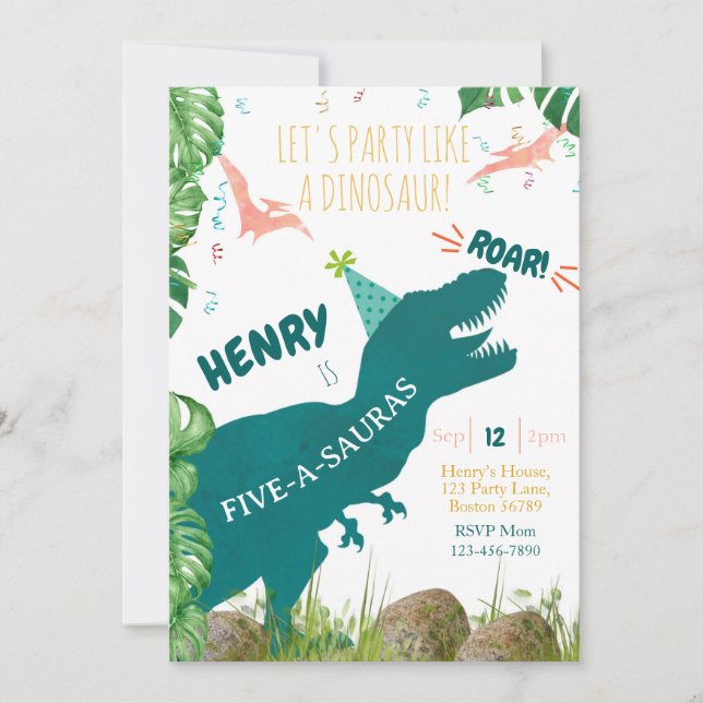 Dinosaur 5e anniversaire Invitation Fiveasauraus T (Devant)
