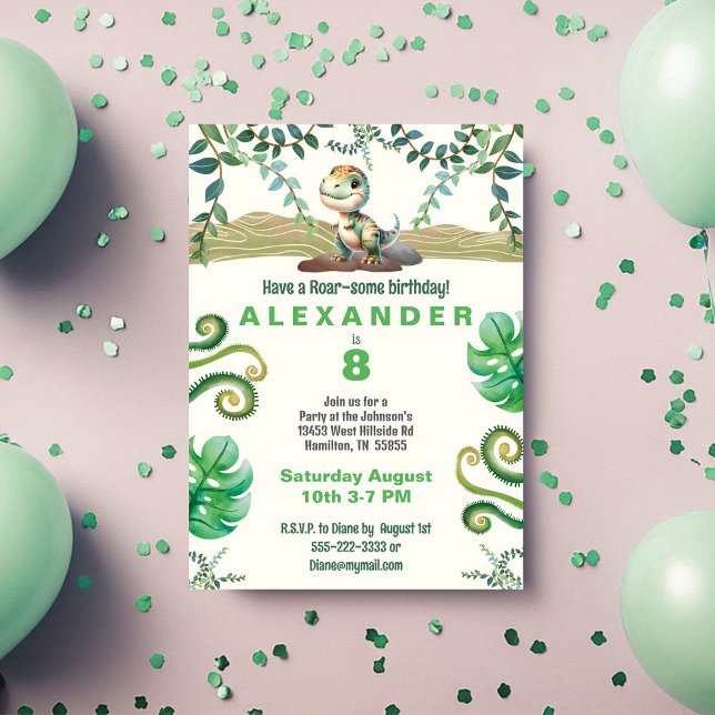 Dinosaur Anniversaire Fête Invitation (Have a Roar-some Birthday boy dinosaur invitation with green accents)