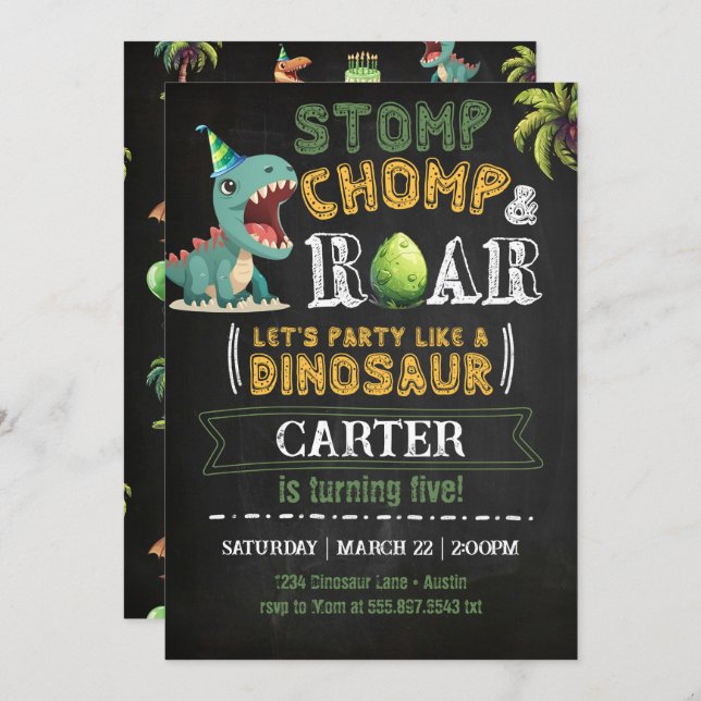 Dinosaur Anniversaire Fête Invitation Chomp Roar (Devant / Derrière)