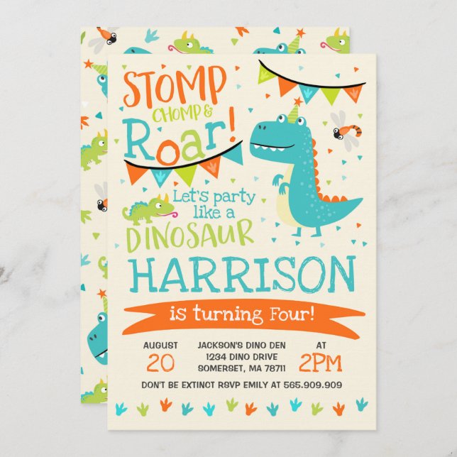 Dinosaur Anniversaire Invitation Dinosaur Roar Par (Devant / Derrière)