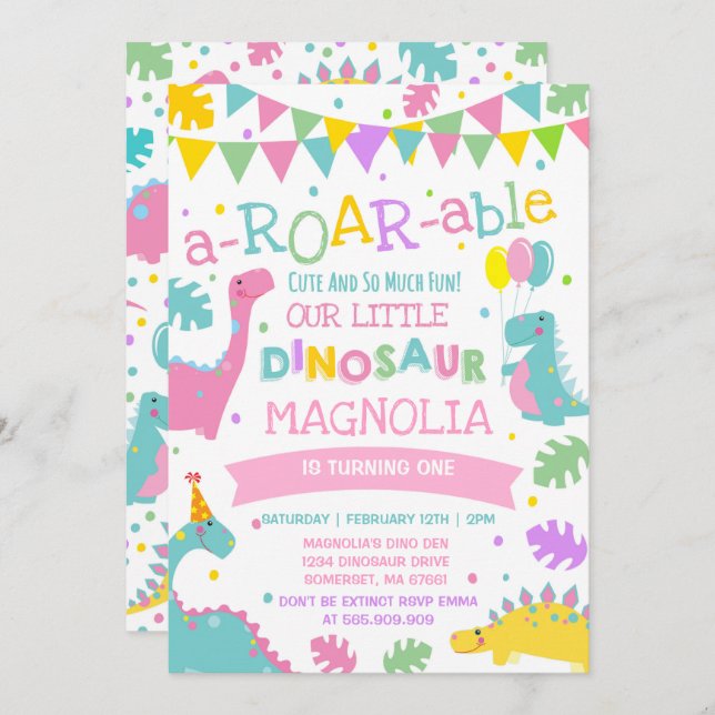 Dinosaur Anniversaire Invitation Fille Dinosaur (Devant / Derrière)