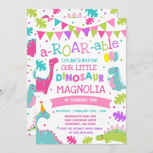 Dinosaur Anniversaire Invitation Fille Dinosaur (Devant / Derrière)
