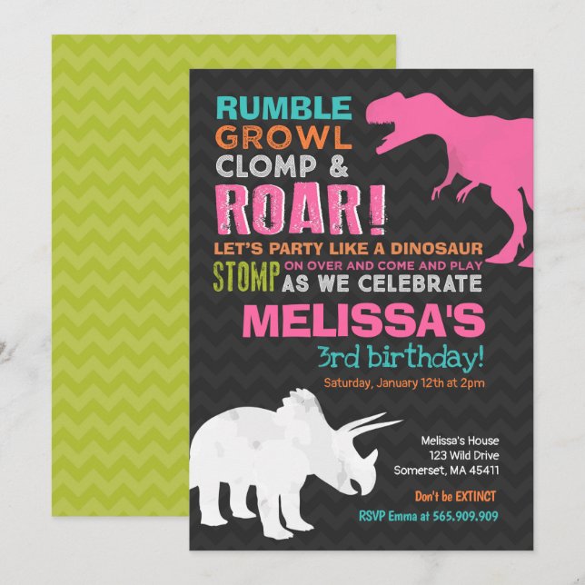 Dinosaur Anniversaire Invitation Fille Dinosaur Pa (Devant / Derrière)
