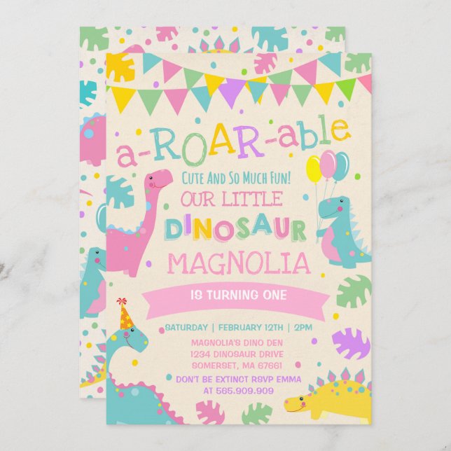 Dinosaur Anniversaire Invitation Fille Dinosaur Pa (Devant / Derrière)
