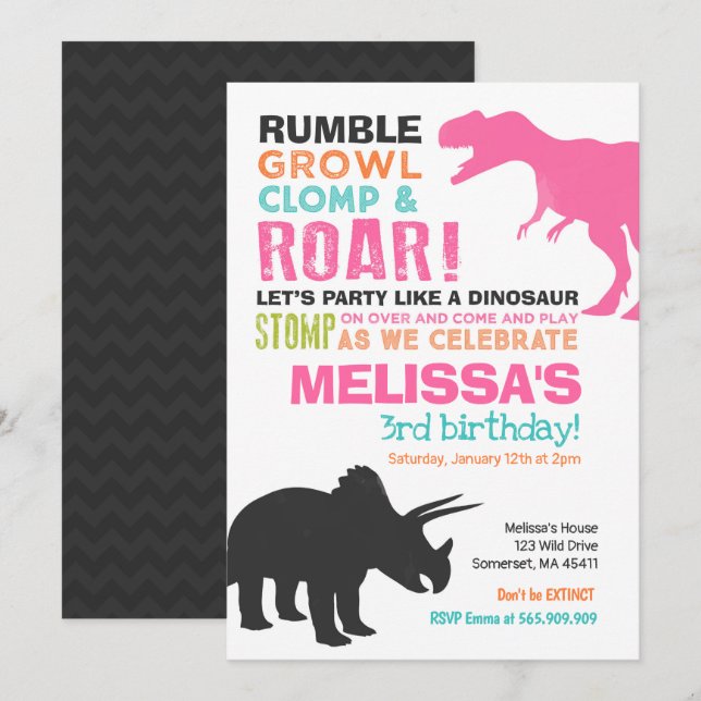 Dinosaur Anniversaire Invitation Fille Dinosaur Pa (Devant / Derrière)