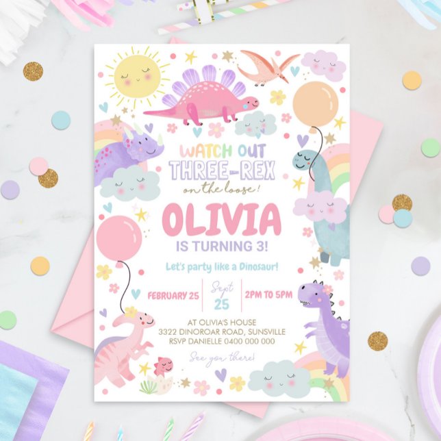 DINOSAUR ANNIVERSAIRE Invitation fille trois Rex (Watch out Three Rex is on the loose! Girl Dinosaur 3rd Birthday Invitation)