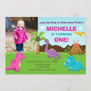 Dinosaur Anniversaire Invitation Girl, 1er Anniver