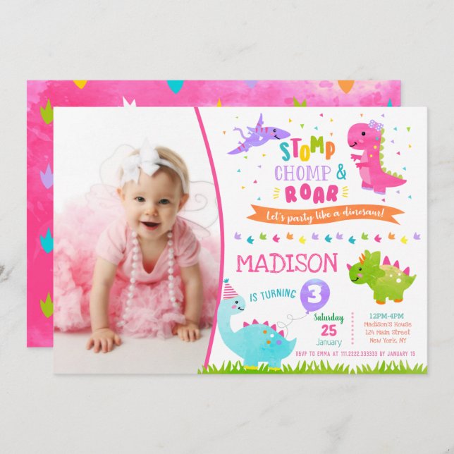 Dinosaur Anniversaire Invitation pour fille (Devant / Derrière)