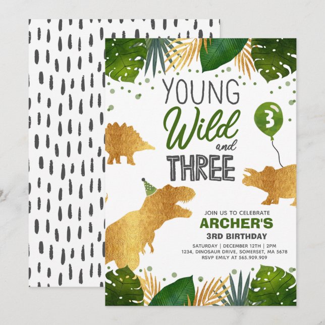 Dinosaur Anniversaire Invitation Wild Et Trois Din (Devant / Derrière)