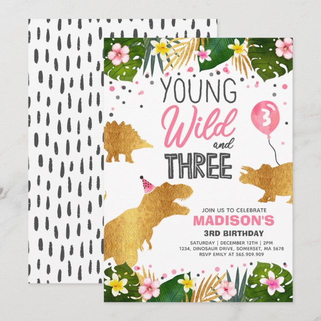 Dinosaur Anniversaire Invitation Wild Et Trois Din (Devant / Derrière)