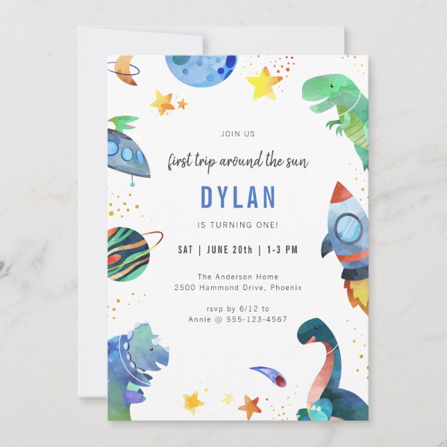 Dinosaur Astronaut Outer Space Birthday Invitation (Devant)