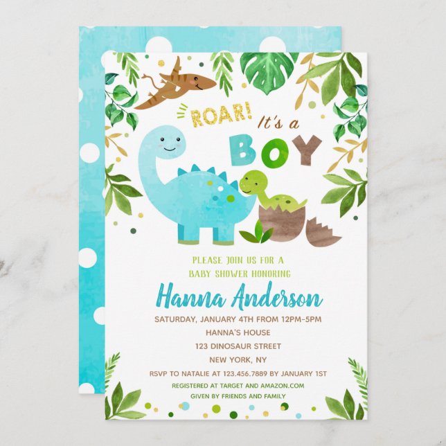 Dinosaur Baby Douche Invitations Baby Boy Dino (Devant / Derrière)