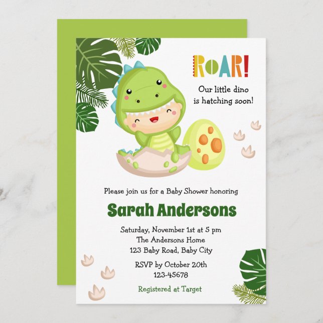 Dinosaur Baby Douche Invitations ROAR mignonne Din (Devant / Derrière)