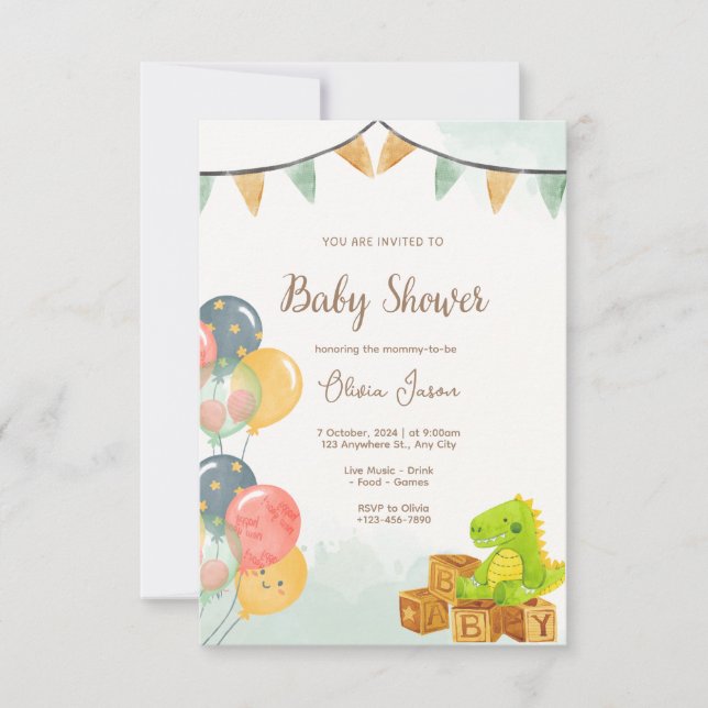 Dinosaur Baby Shower Invitation | Green & Yellow  (Devant)