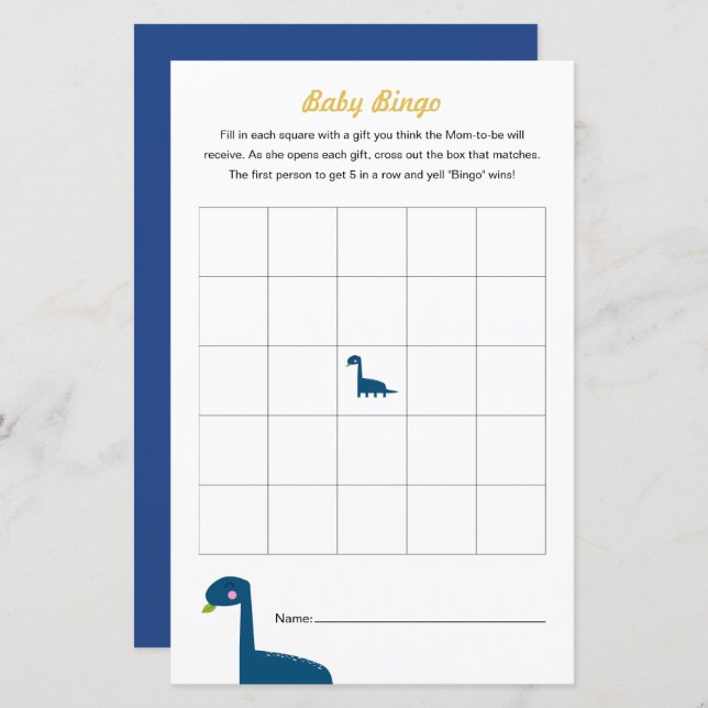 Dinosaur Baby shower Jeu Bingo Activité (Devant / Derrière)