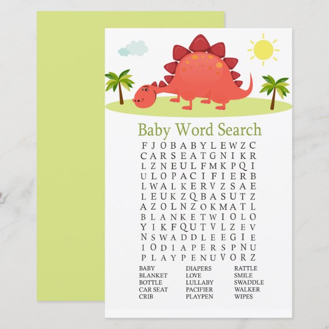Dinosaur Baby shower Mot de recherche Jeu (Devant / Derrière)