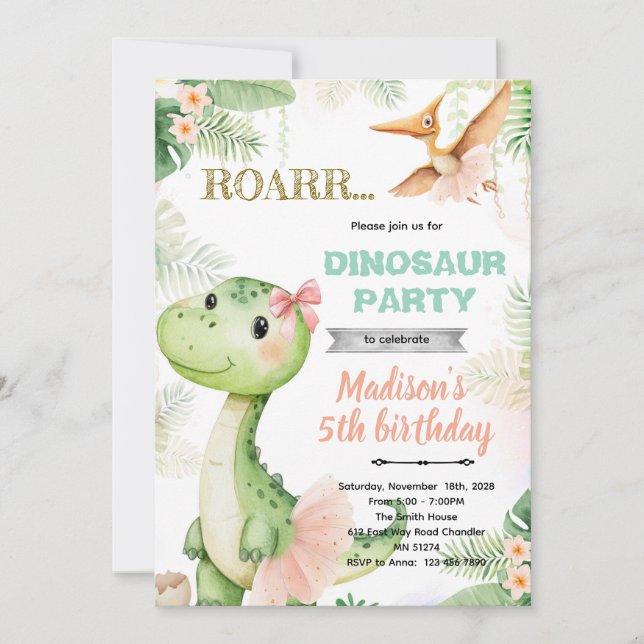 Dinosaur ballerina birthday party invitation (Devant)