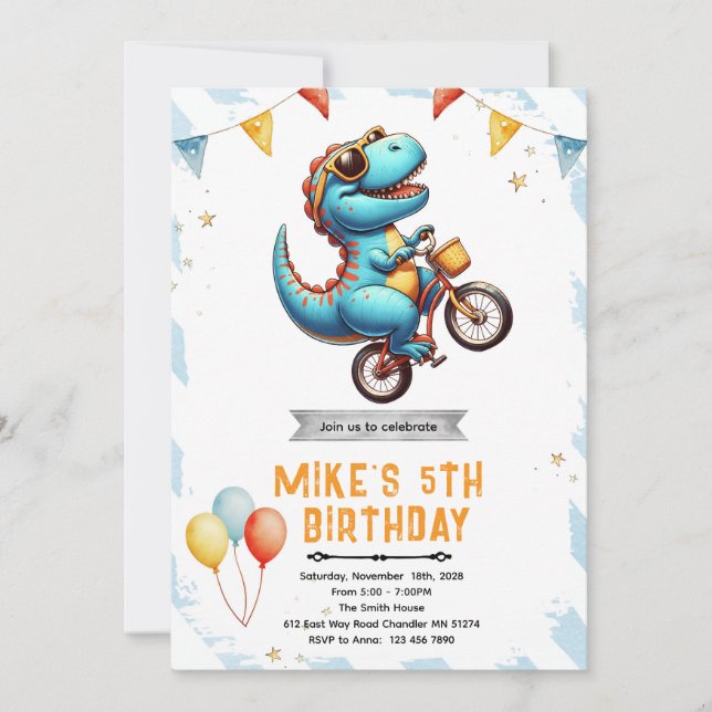 Dinosaur Bike Birthday Invitation (Devant)