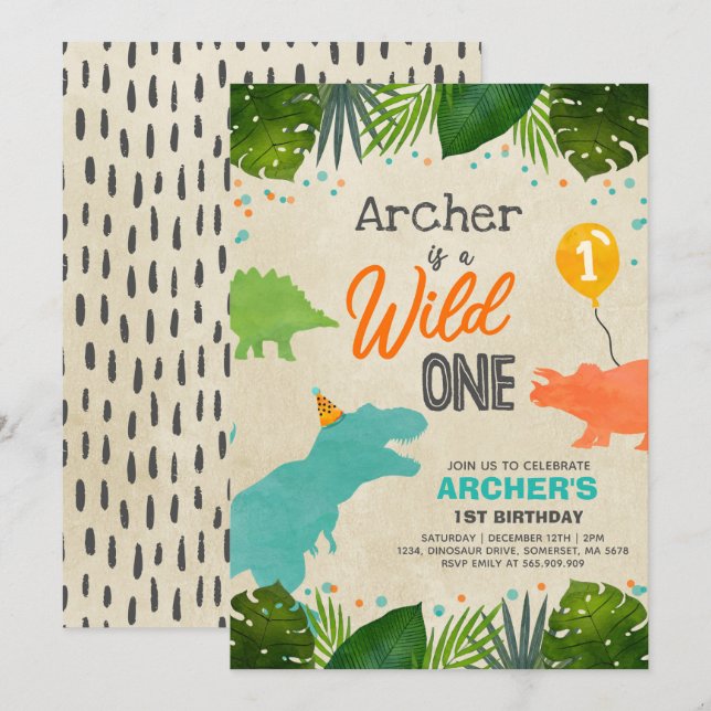 Dinosaur Birthday Invitation Wild One Dinosaur Par (Devant / Derrière)