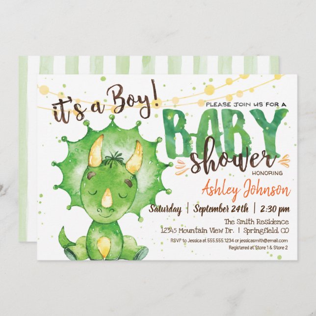 Dinosaur, Dino Baby shower Green invitation (Devant / Derrière)