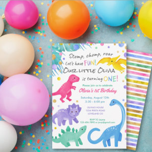 Dinosaur fille 1er anniversaire Invitation colorée